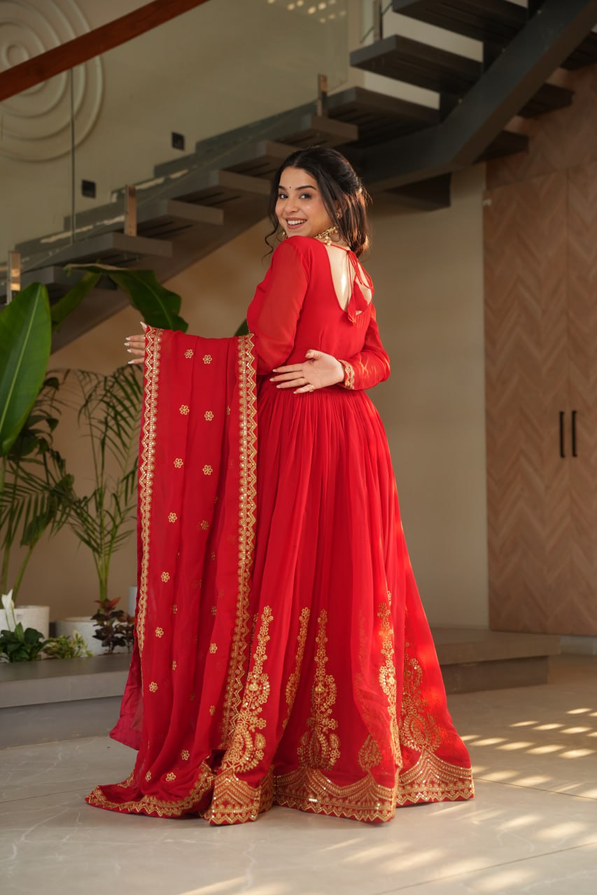 Red Graceful Faux Blooming Embroidered Gown with Sequins Dupatta – Fully Stitched Elegance