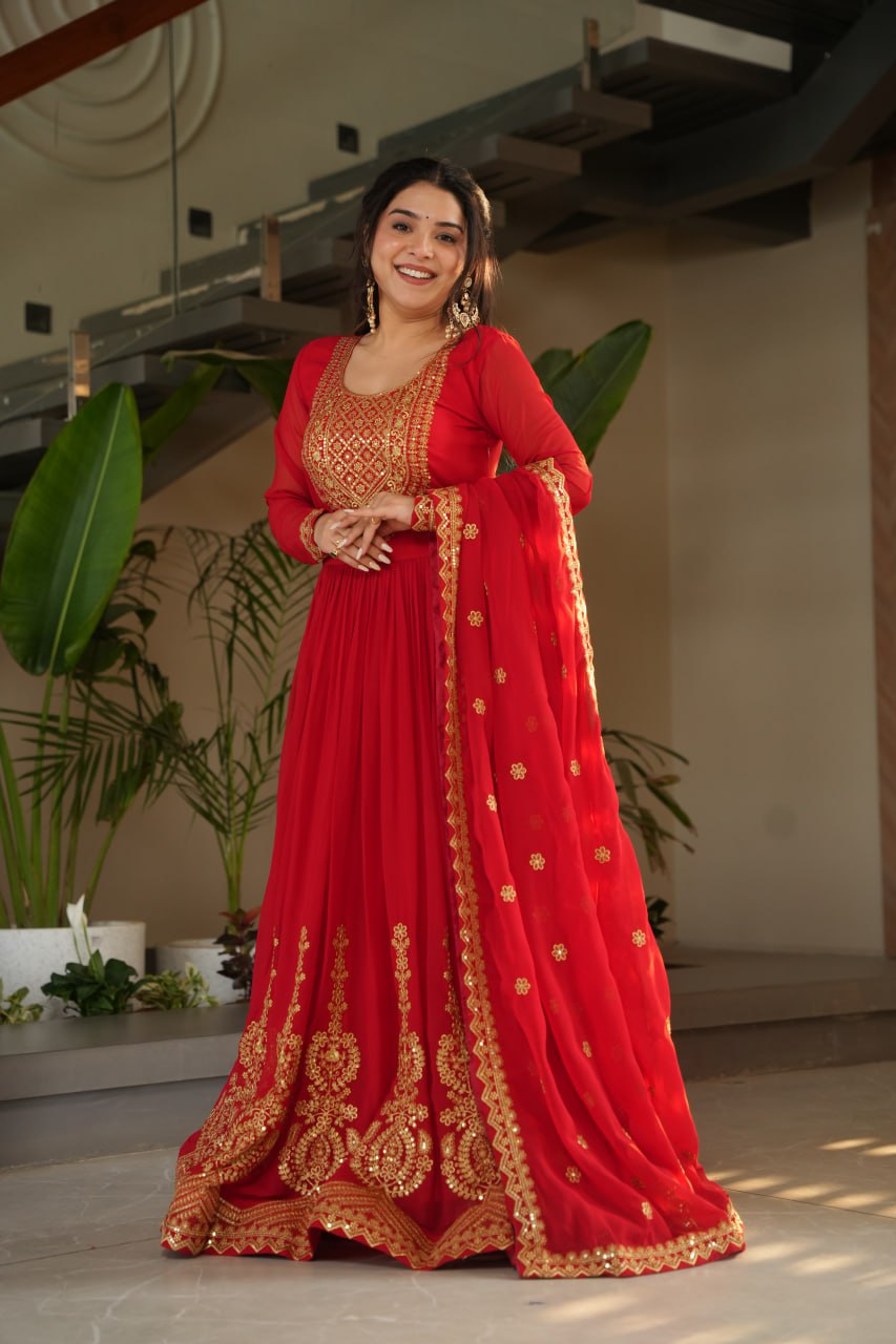 Red Graceful Faux Blooming Embroidered Gown with Sequins Dupatta – Fully Stitched Elegance