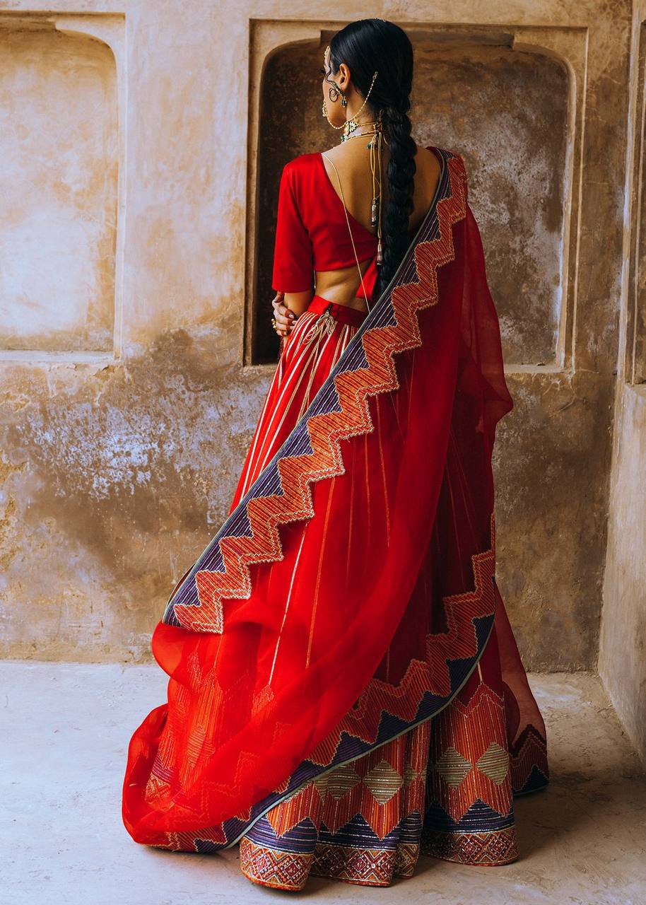 Red Elegant Japan Satin Lehenga Set