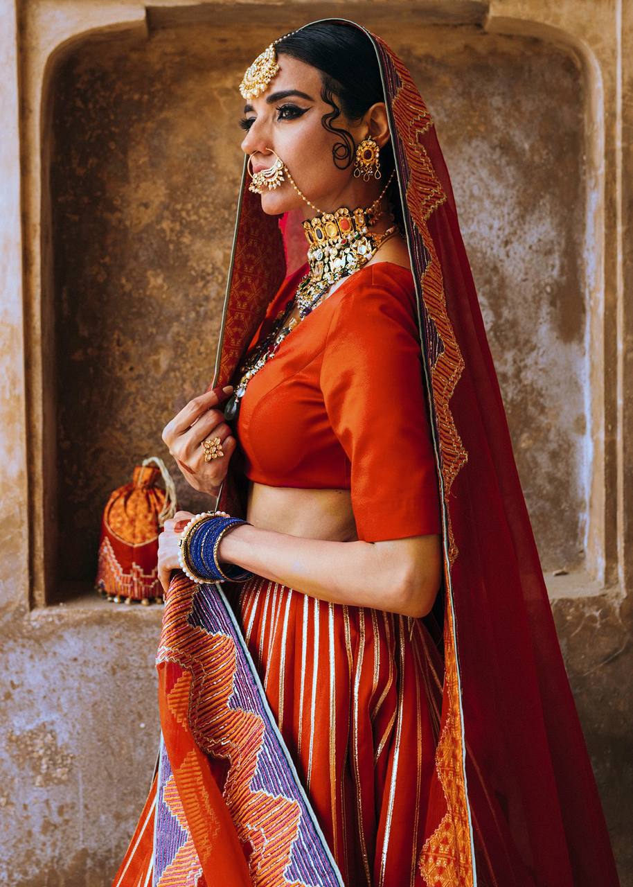 Red Elegant Japan Satin Lehenga Set