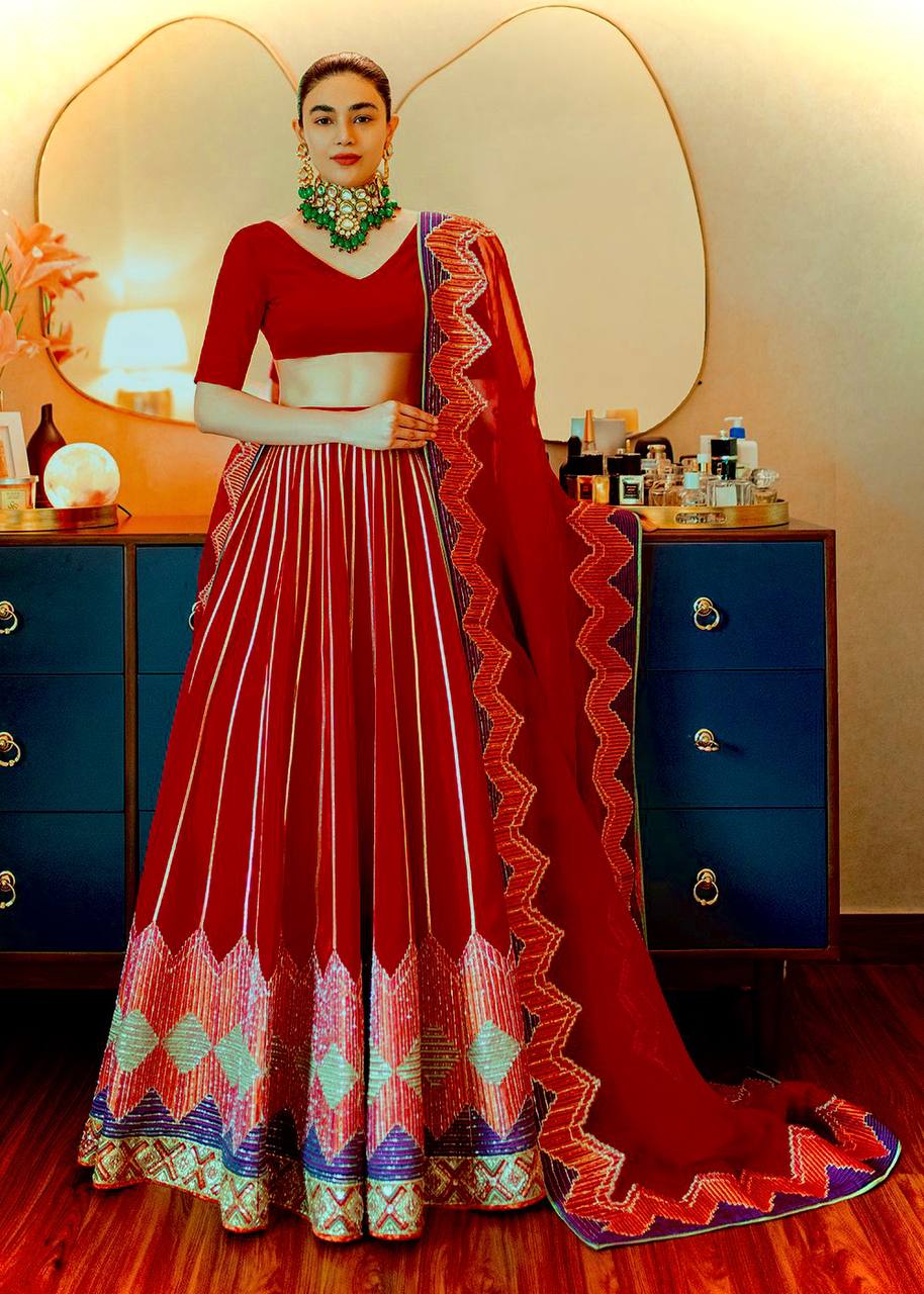 Red Elegant Japan Satin Lehenga Set