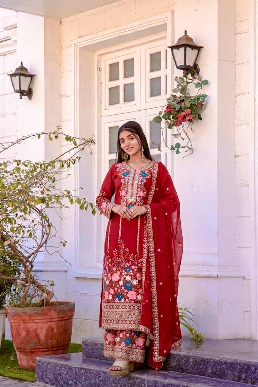 Red Heavy Chinon Silk Plazzo Set