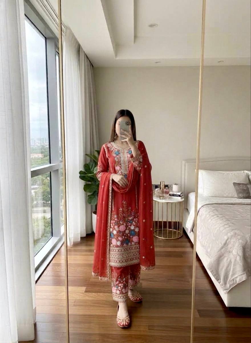 Red Heavy Chinon Silk Plazzo Set