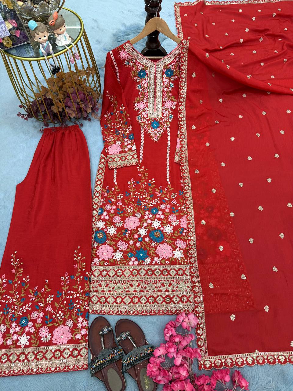 Red Heavy Chinon Silk Plazzo Set