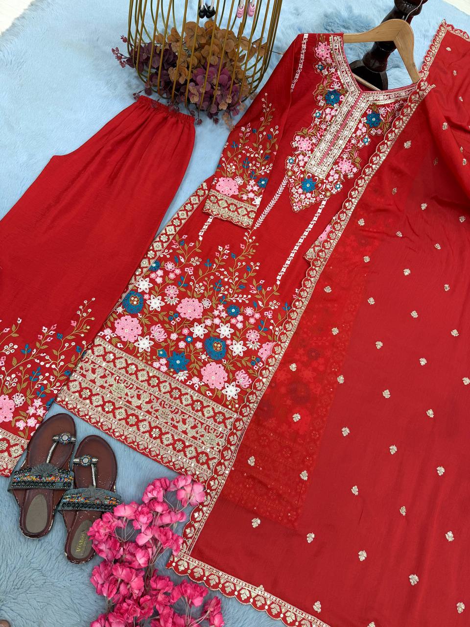 Red Heavy Chinon Silk Plazzo Set