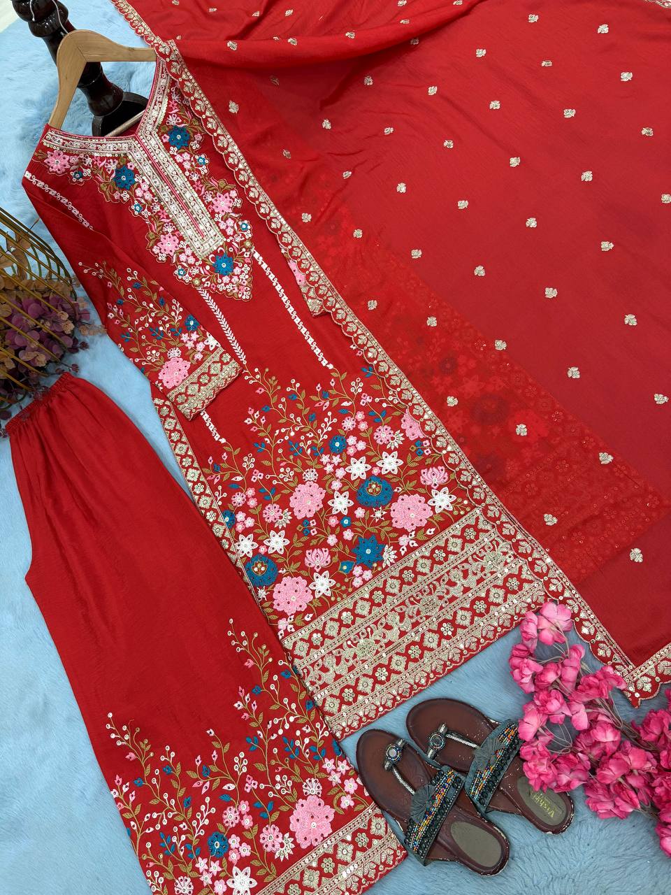 Red Heavy Chinon Silk Plazzo Set
