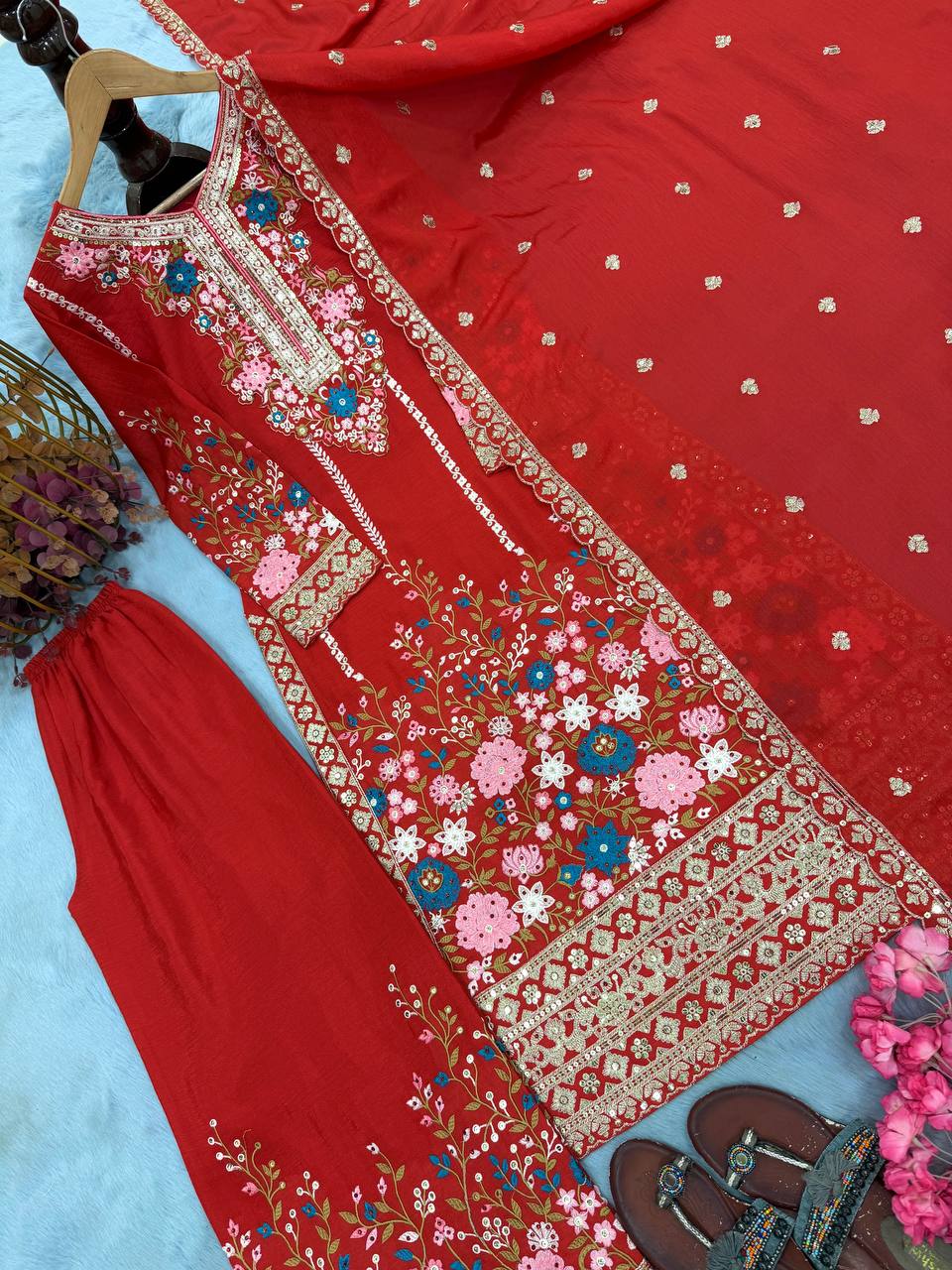 Red Heavy Chinon Silk Plazzo Set