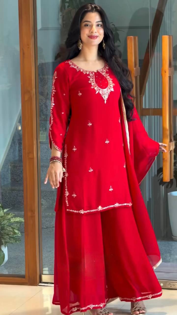 Red Heavy Embroidered Palazzo Suit