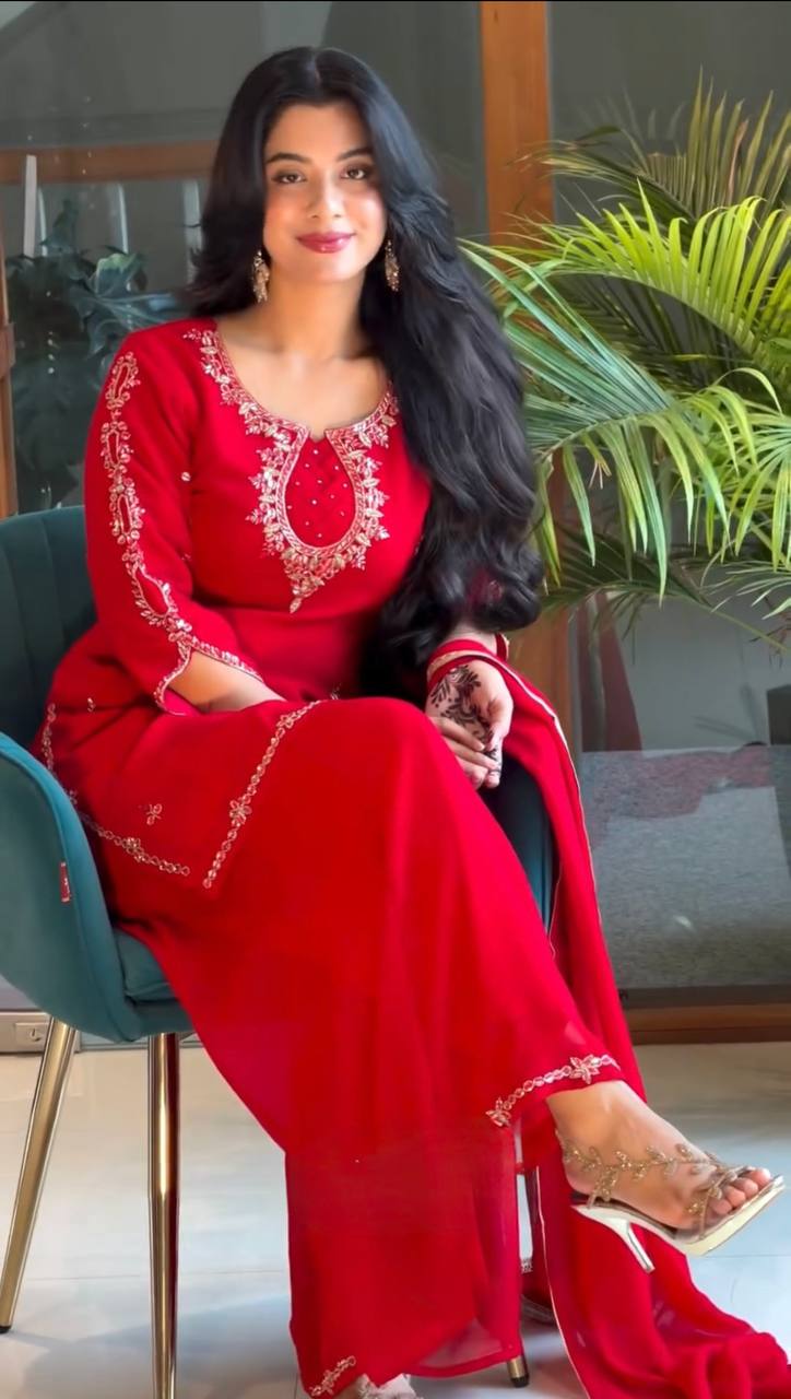 Red Heavy Embroidered Palazzo Suit