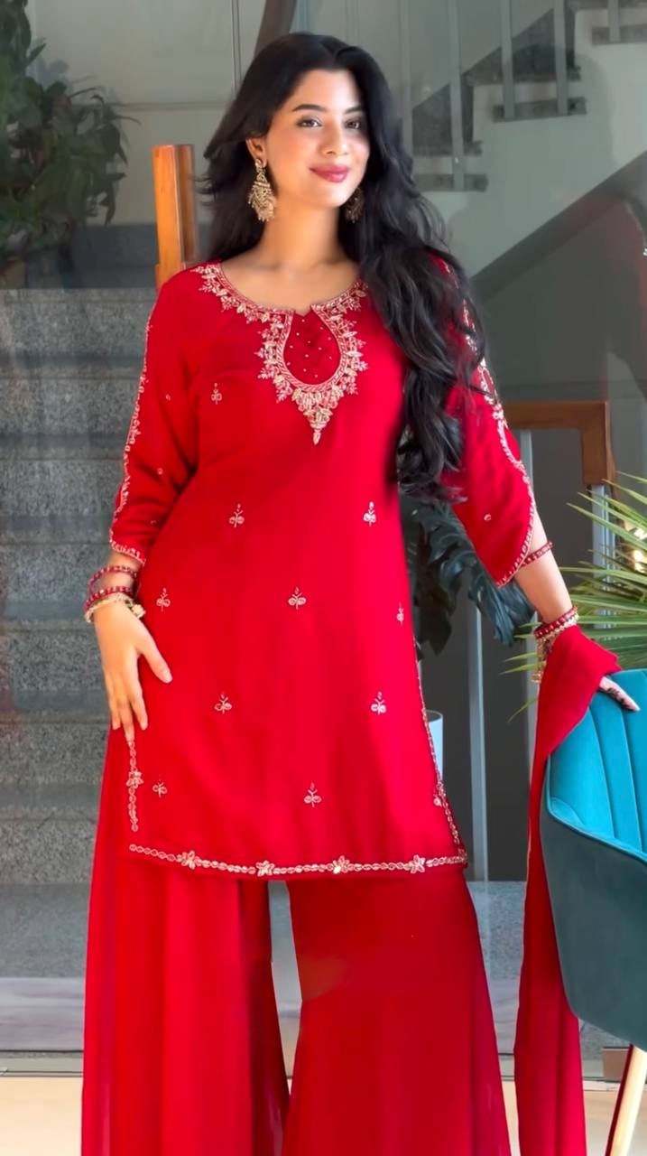 Red Heavy Embroidered Palazzo Suit