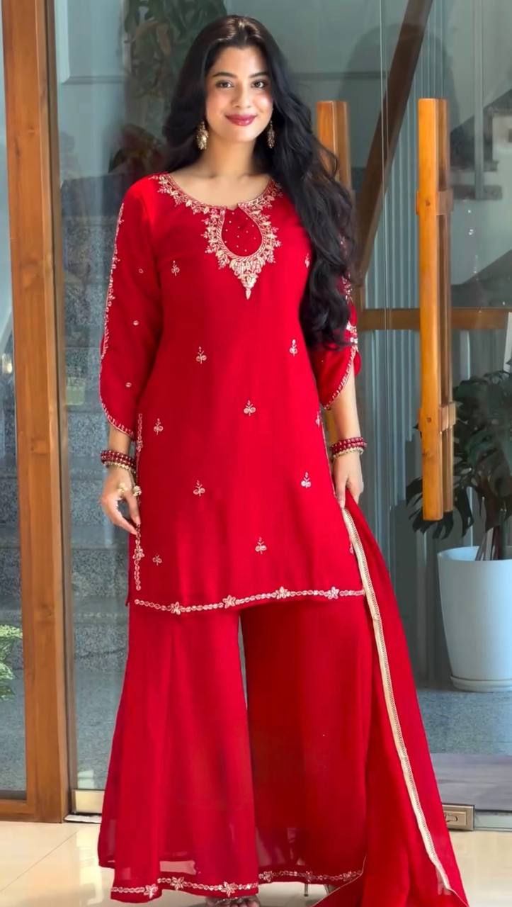 Red Heavy Embroidered Palazzo Suit