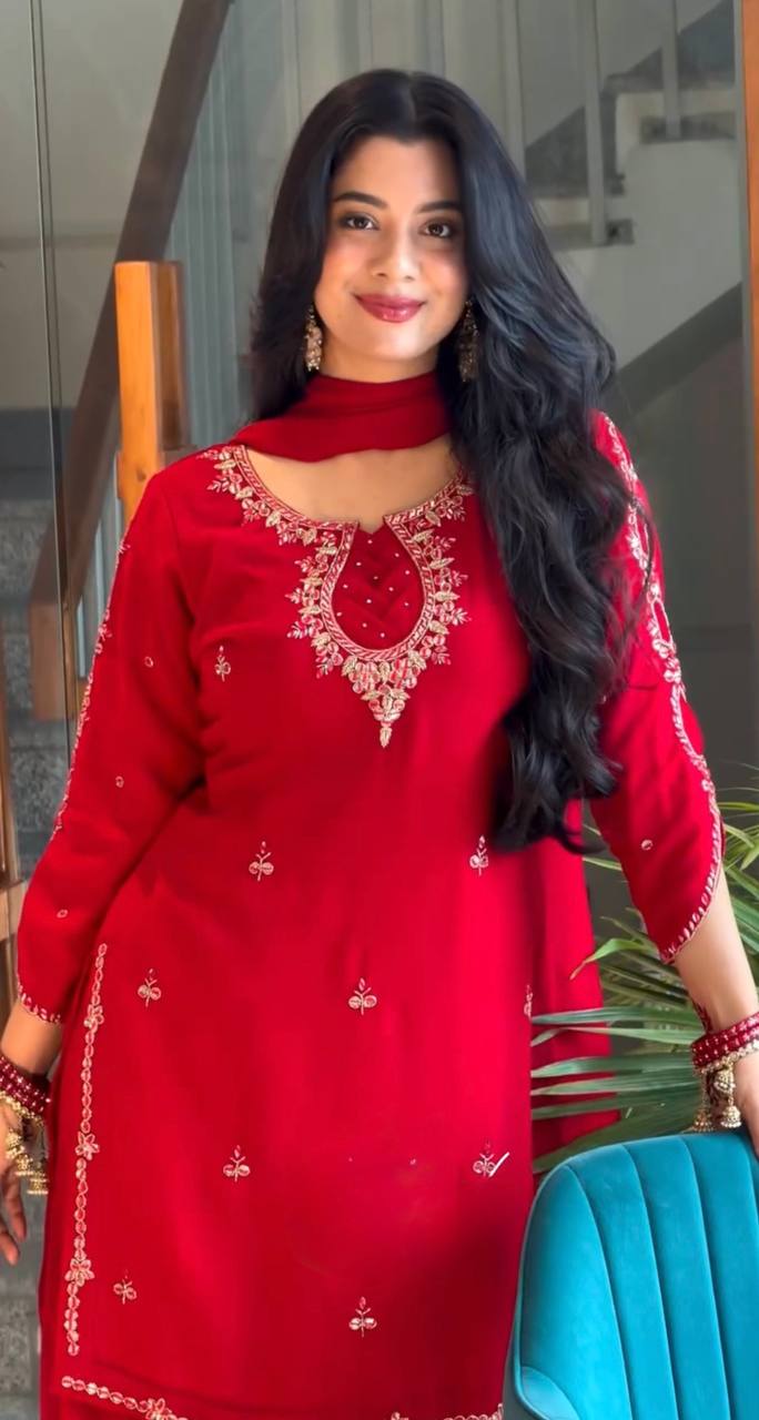 Red Heavy Embroidered Palazzo Suit