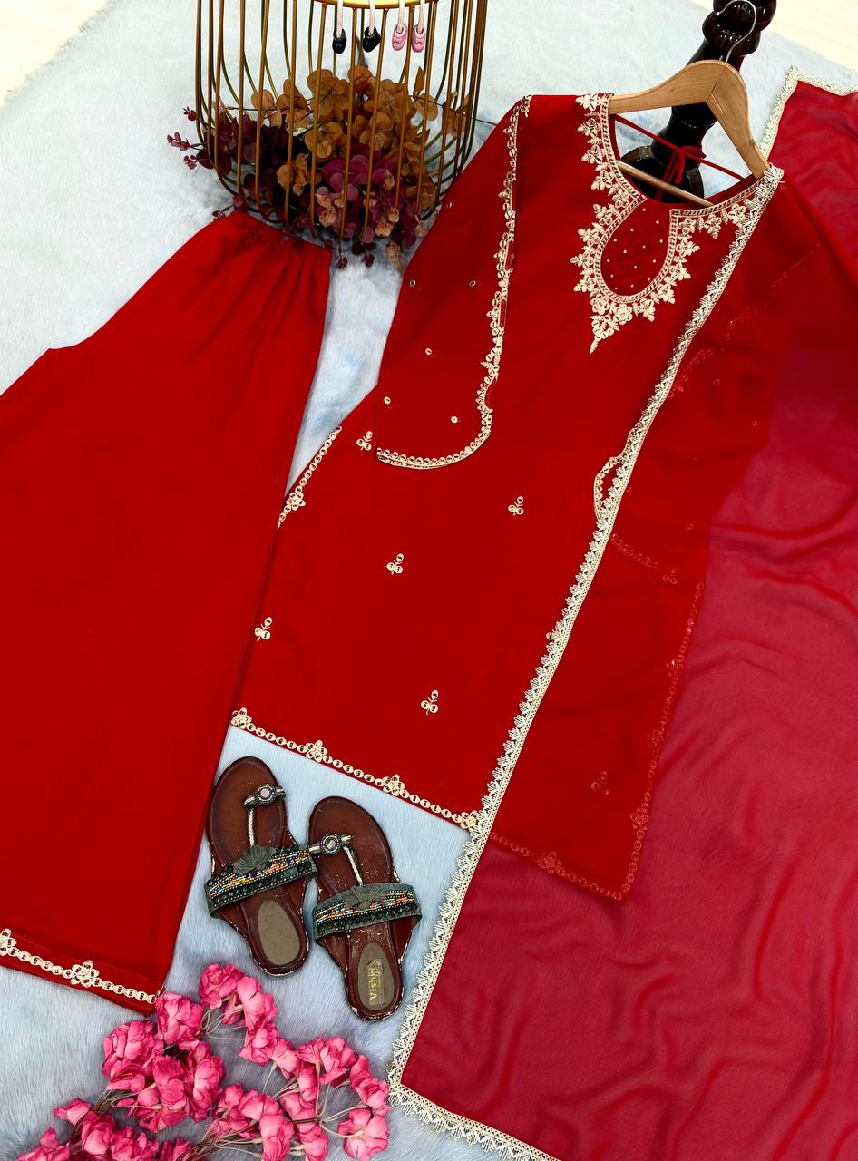 Red Heavy Embroidered Palazzo Suit