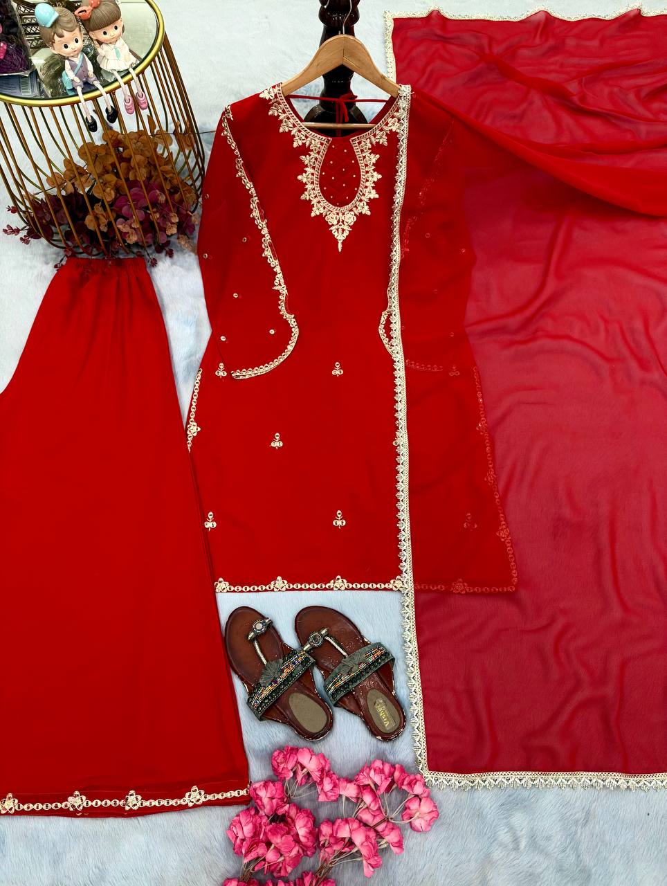 Red Heavy Embroidered Palazzo Suit