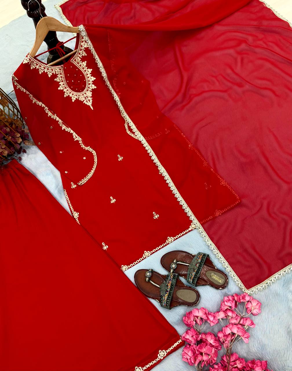Red Heavy Embroidered Palazzo Suit