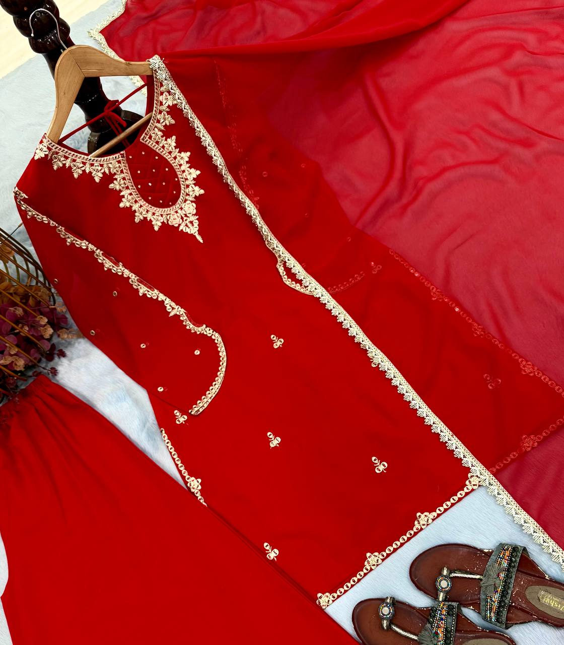 Red Heavy Embroidered Palazzo Suit