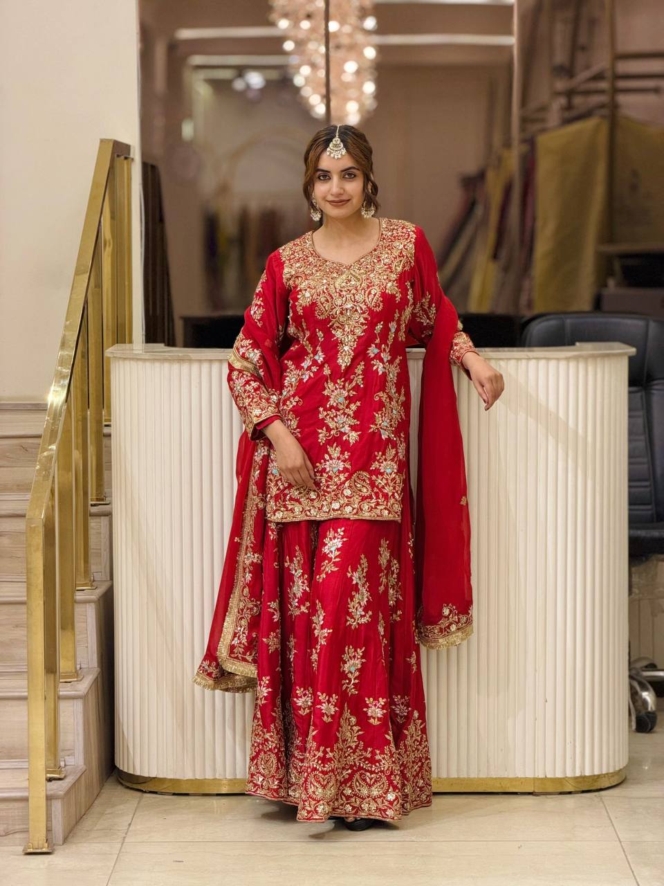Red Heavy Embroidered Plazzo Dupatta Set