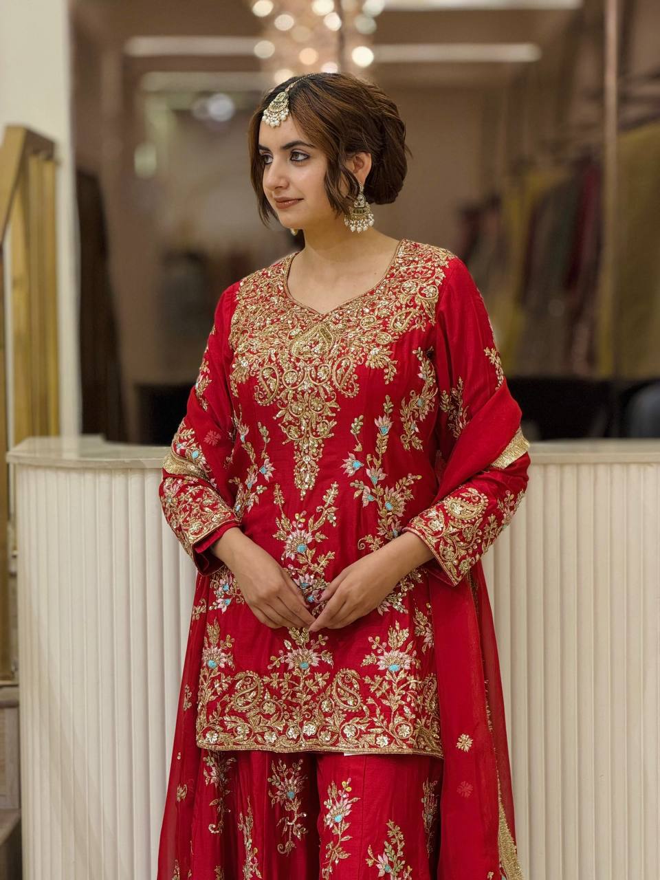 Red Heavy Embroidered Plazzo Dupatta Set
