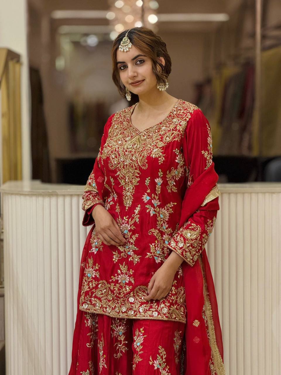 Red Heavy Embroidered Plazzo Dupatta Set