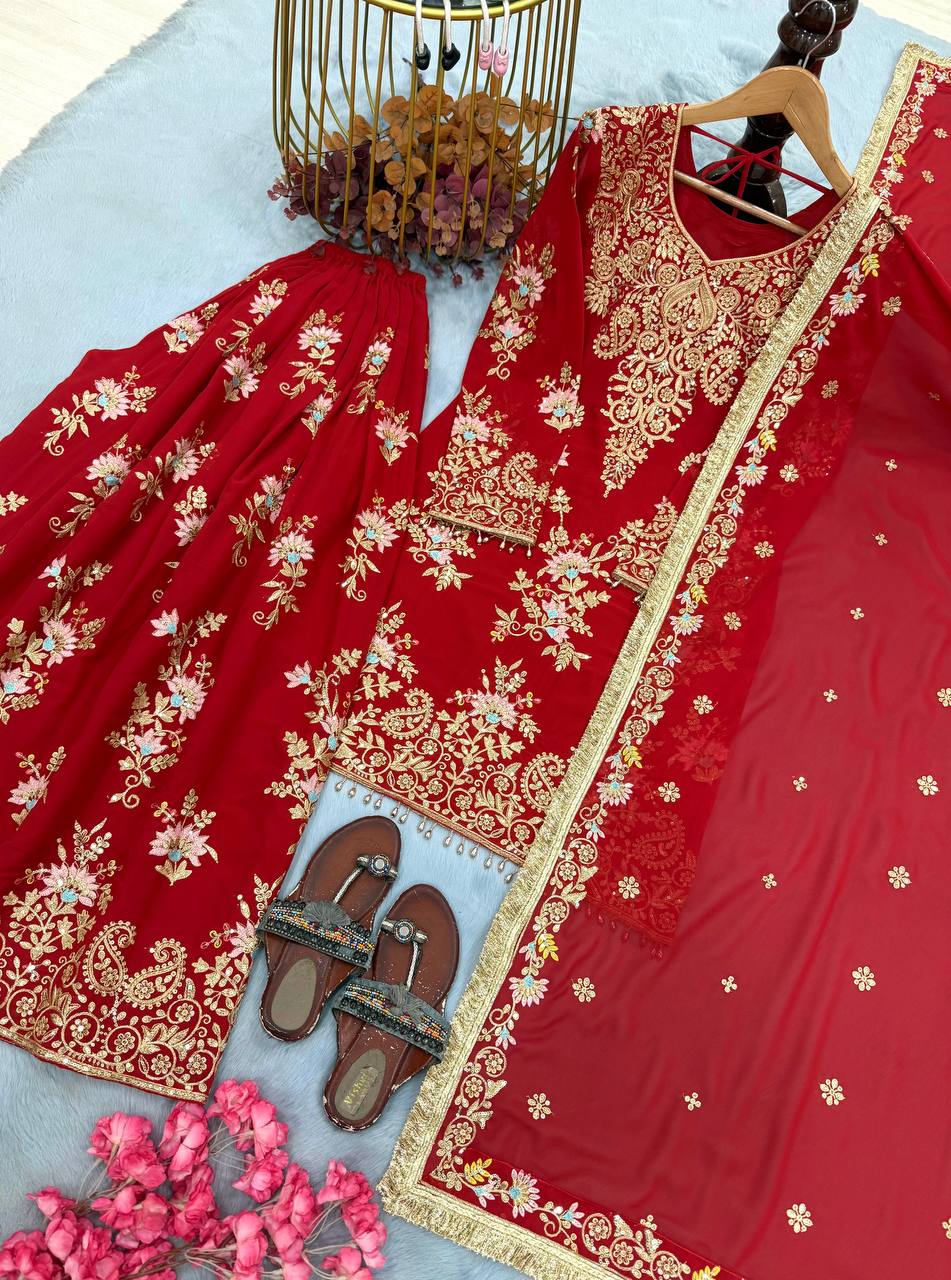 Red Heavy Embroidered Plazzo Dupatta Set