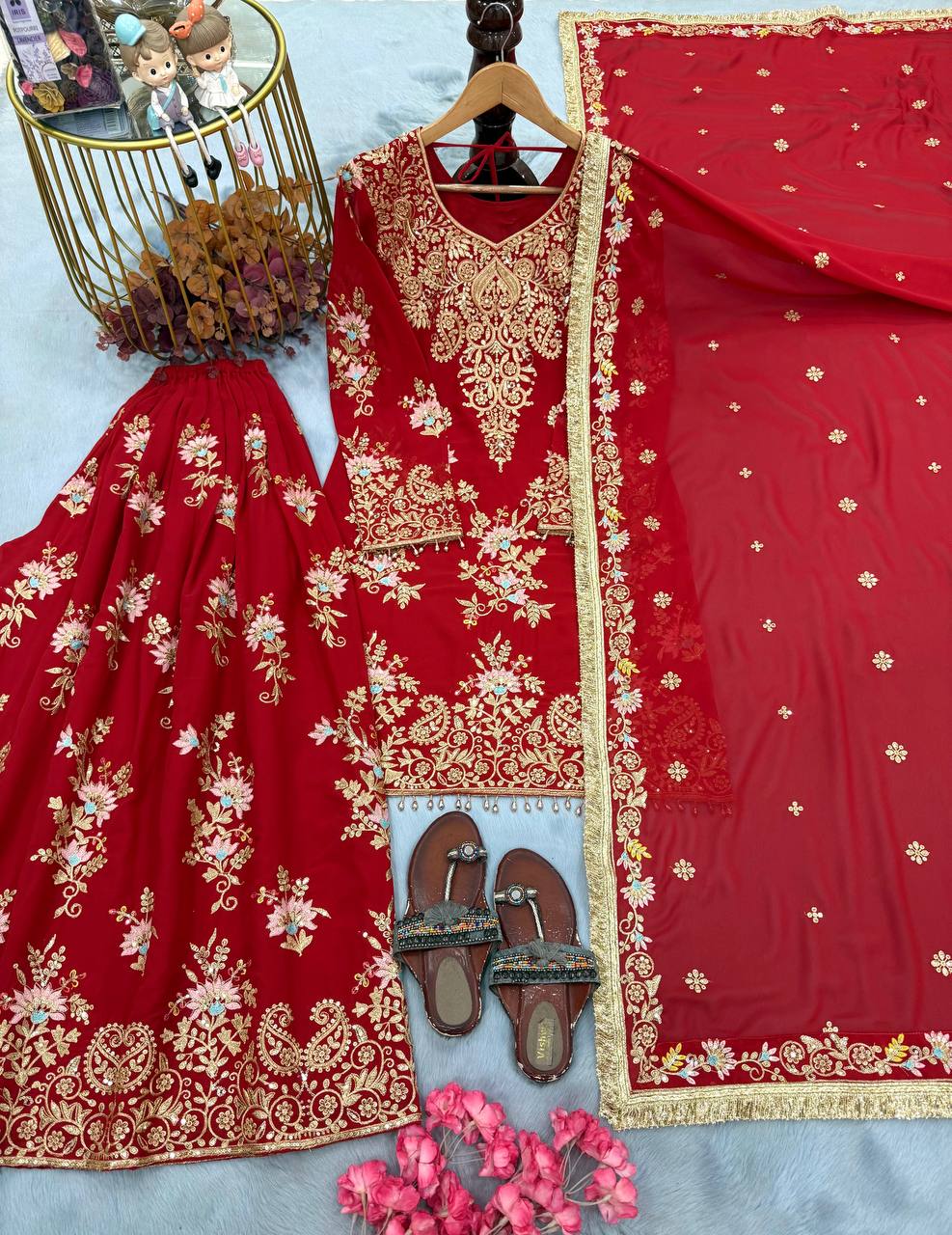 Red Heavy Embroidered Plazzo Dupatta Set