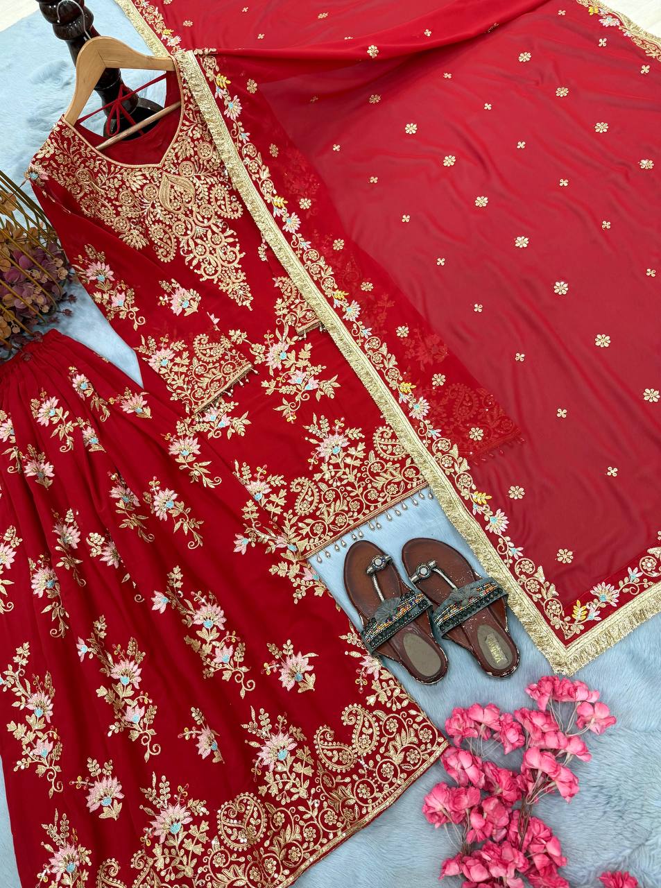 Red Heavy Embroidered Plazzo Dupatta Set
