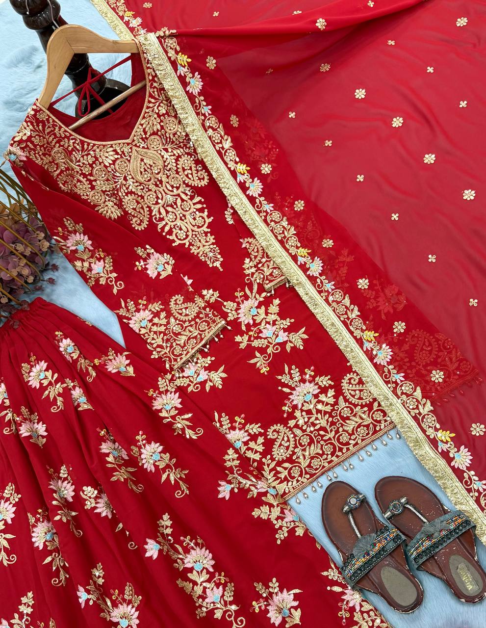Red Heavy Embroidered Plazzo Dupatta Set