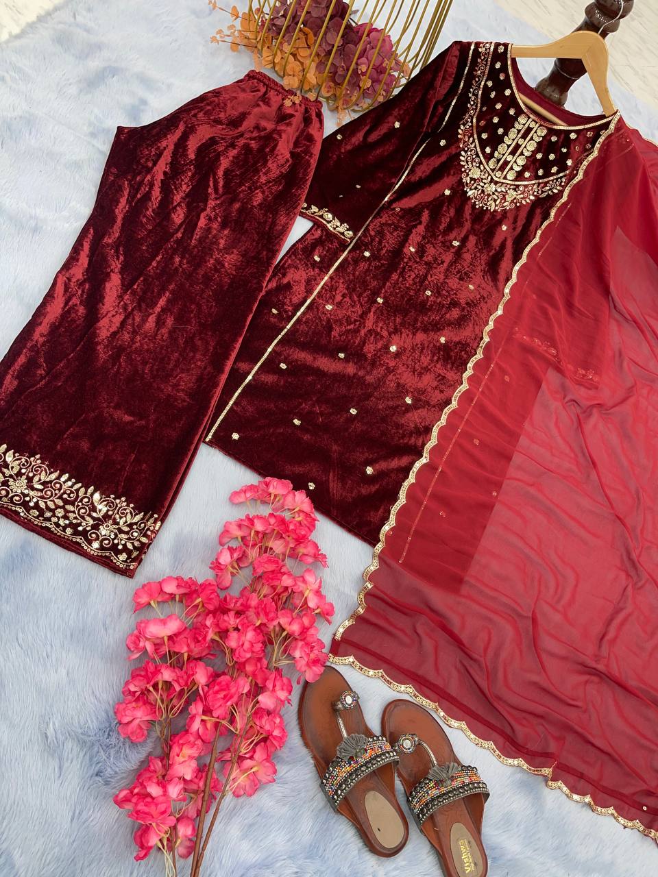 Red Heavy Pure Viscose Velvet Top with Plazzo & Dupatta Set - 5 mm Sequence Work and Fancy Sleeve
