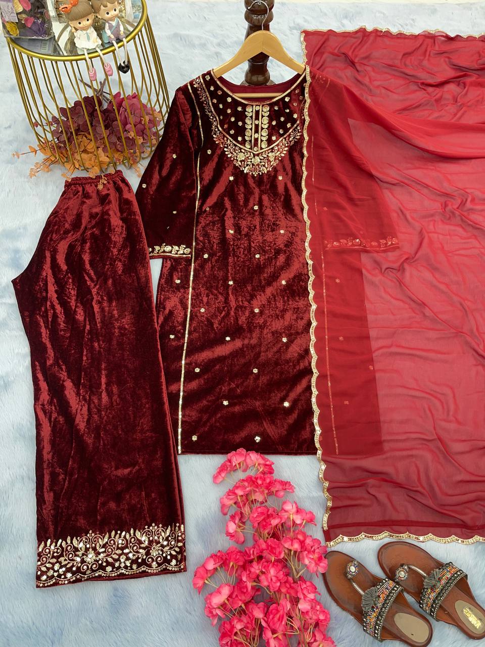 Red Heavy Pure Viscose Velvet Top with Plazzo & Dupatta Set - 5 mm Sequence Work and Fancy Sleeve