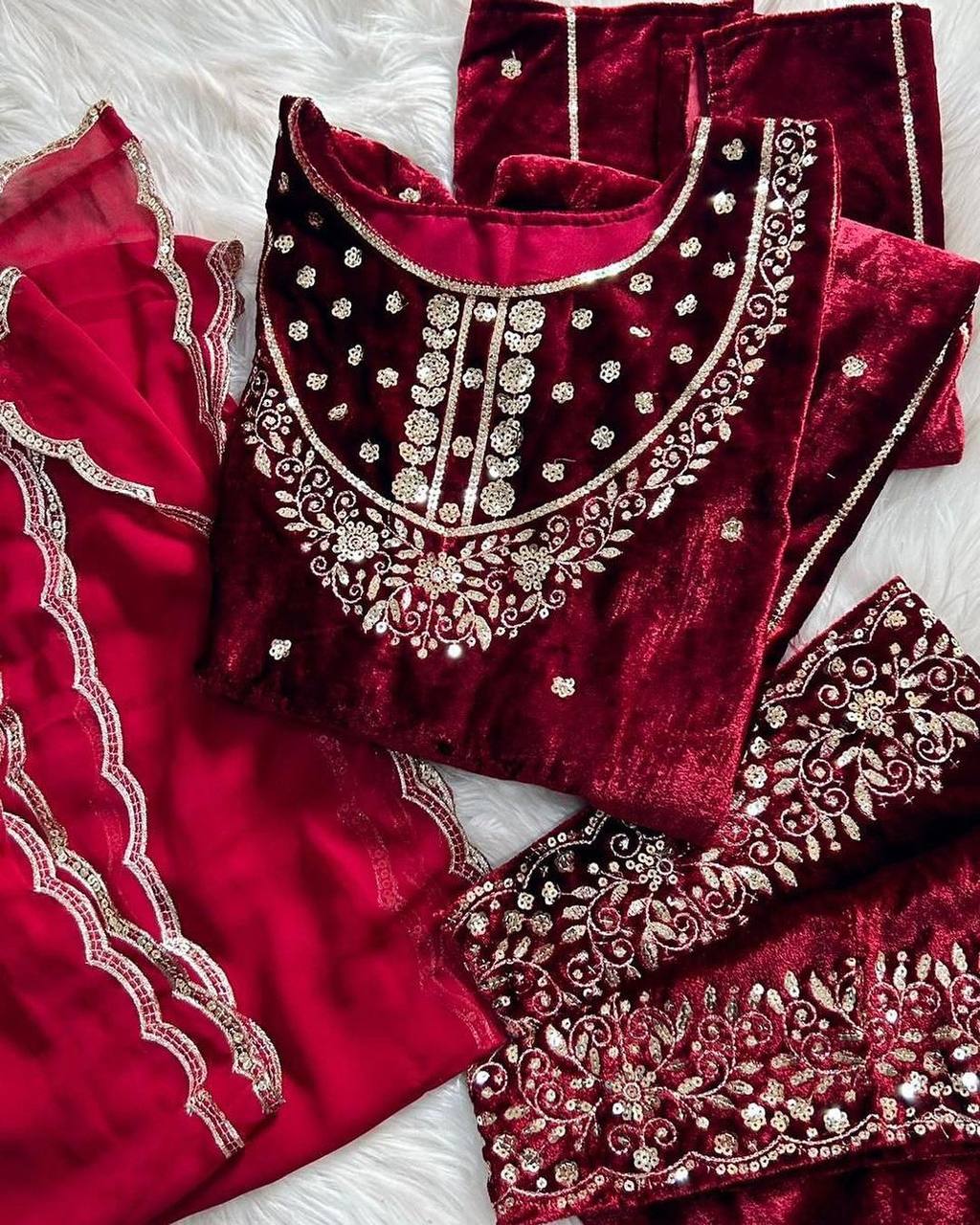 Red Heavy Pure Viscose Velvet Top with Plazzo & Dupatta Set - 5 mm Sequence Work and Fancy Sleeve