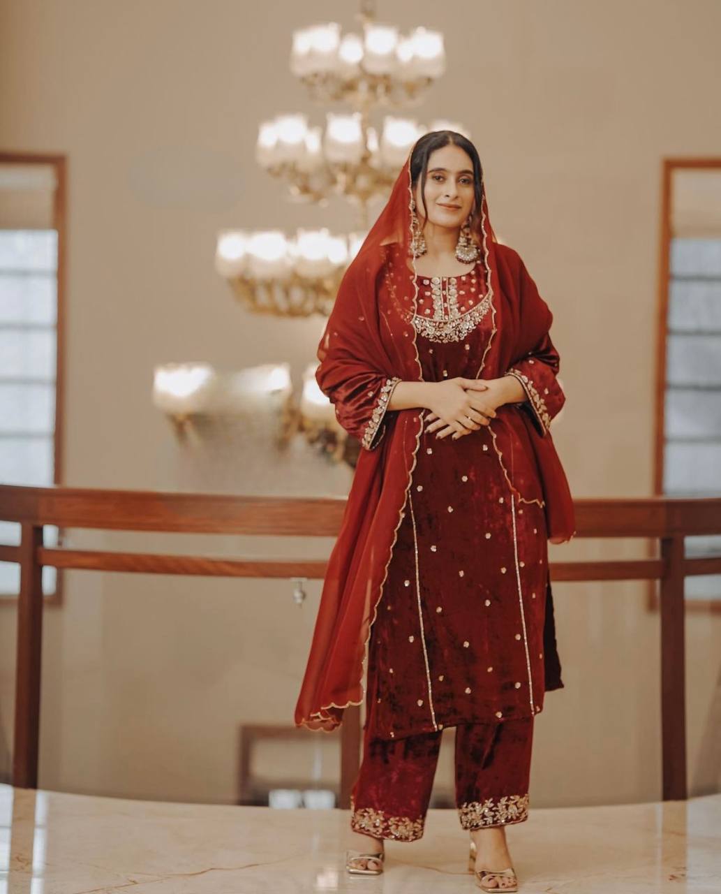 Red Heavy Pure Viscose Velvet Top with Plazzo & Dupatta Set - 5 mm Sequence Work and Fancy Sleeve
