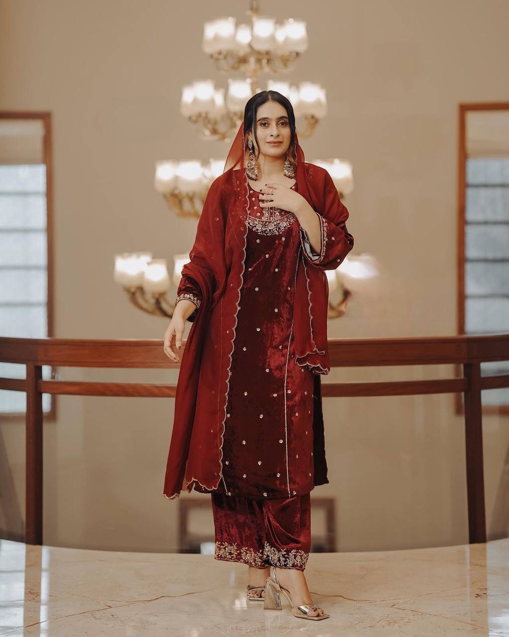 Red Heavy Pure Viscose Velvet Top with Plazzo & Dupatta Set - 5 mm Sequence Work and Fancy Sleeve
