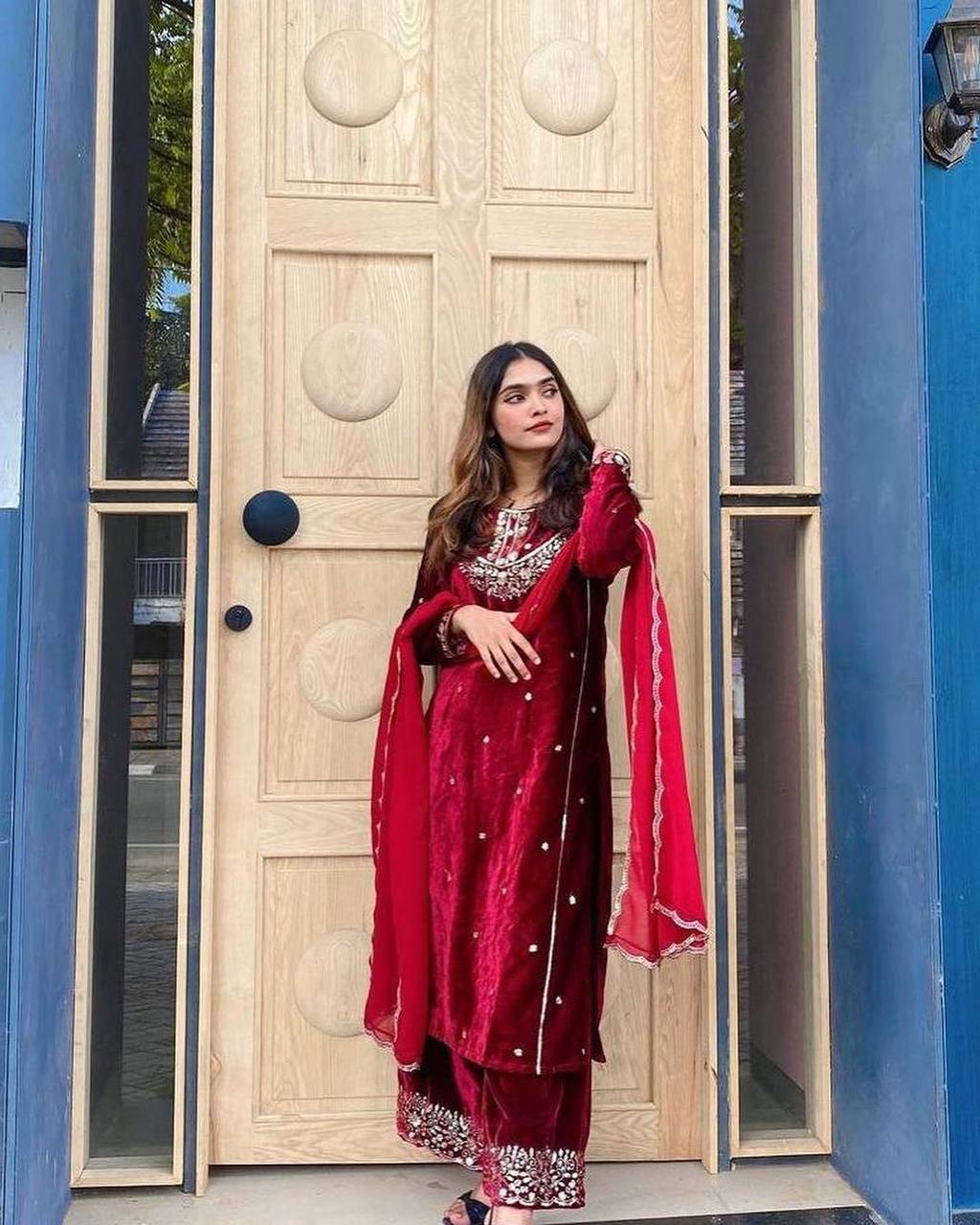 Red Heavy Pure Viscose Velvet Top with Plazzo & Dupatta Set - 5 mm Sequence Work and Fancy Sleeve