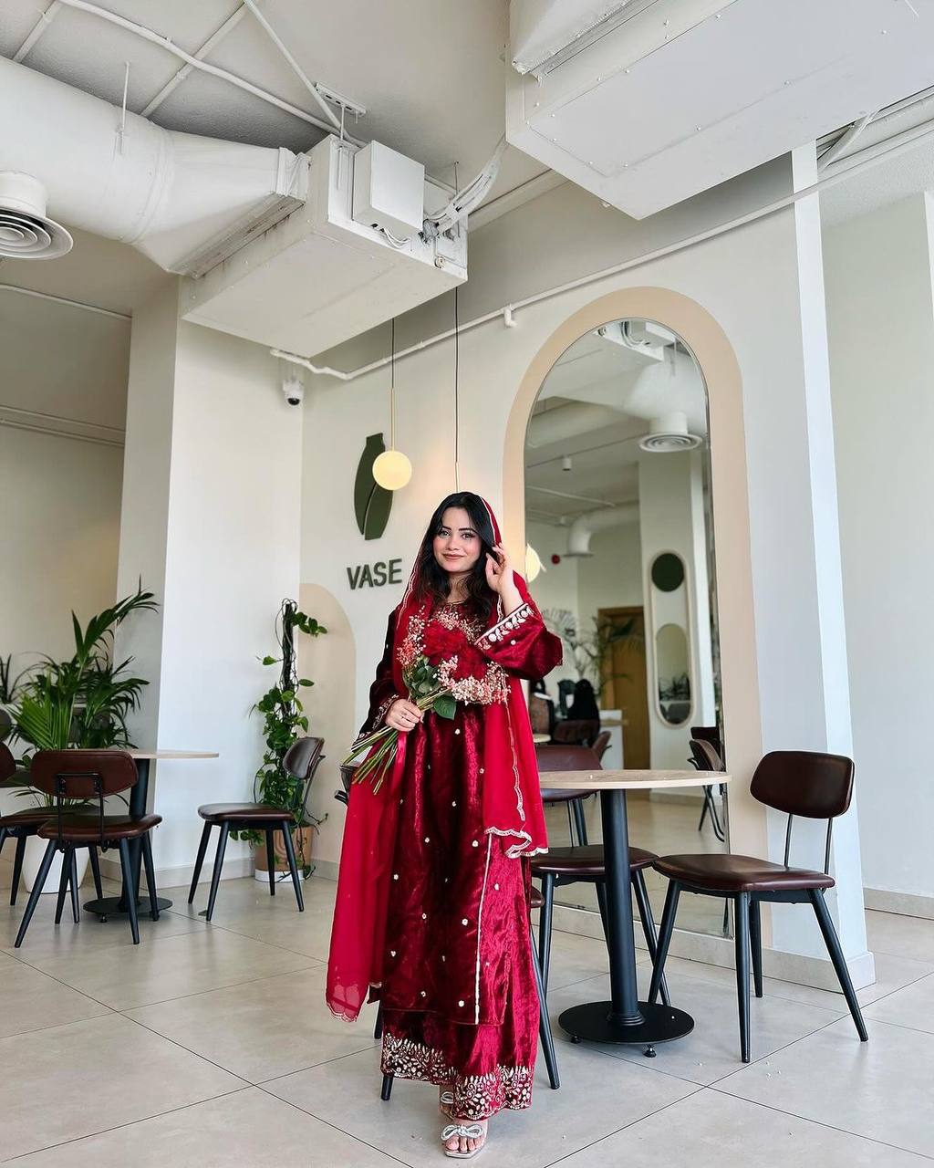 Red Heavy Pure Viscose Velvet Top with Plazzo & Dupatta Set - 5 mm Sequence Work and Fancy Sleeve