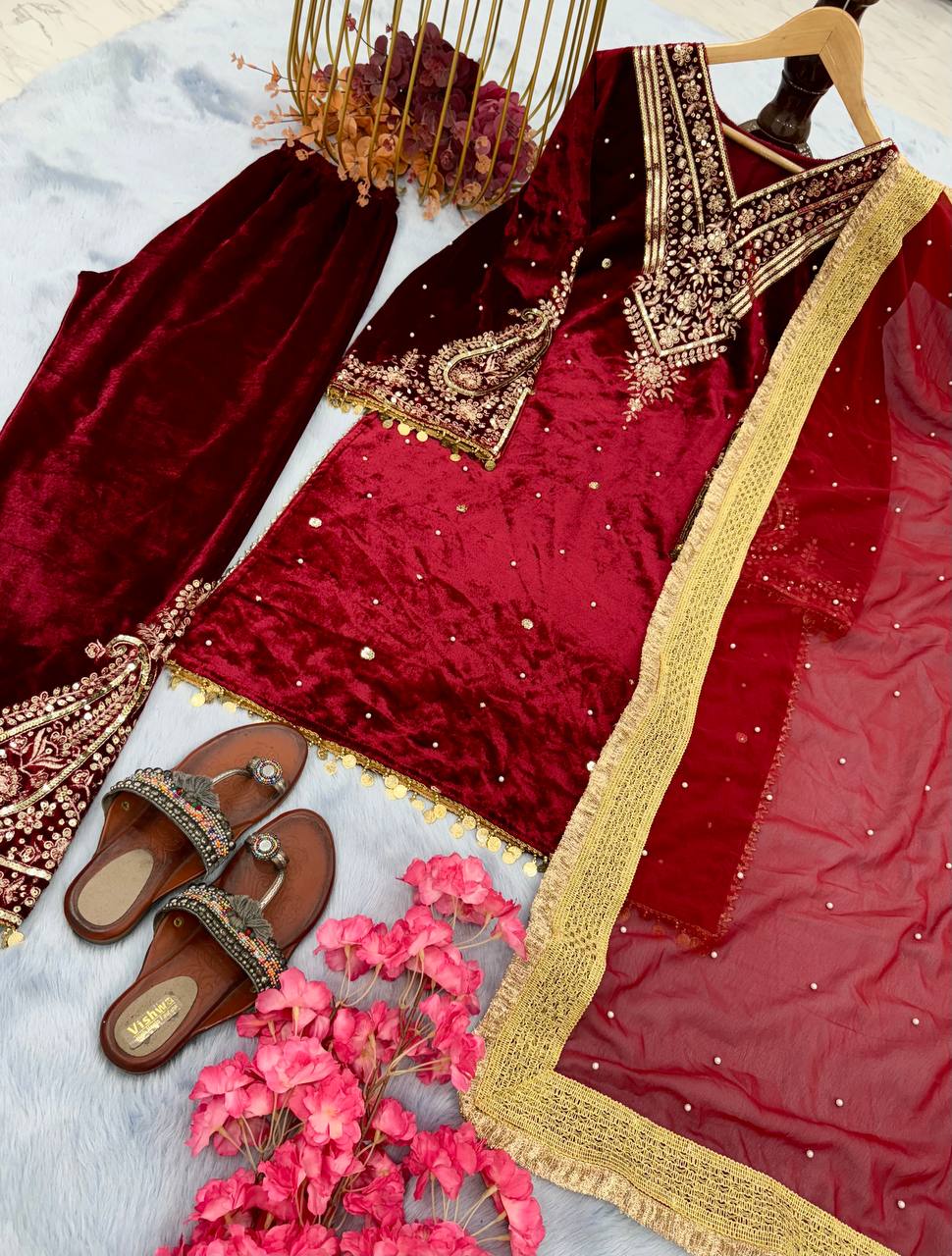 Red Heavy Pure Viscose Velvet Top with Plazzo & Dupatta Set - Embroidery, Sequence Work, and Rivet Moti Accents