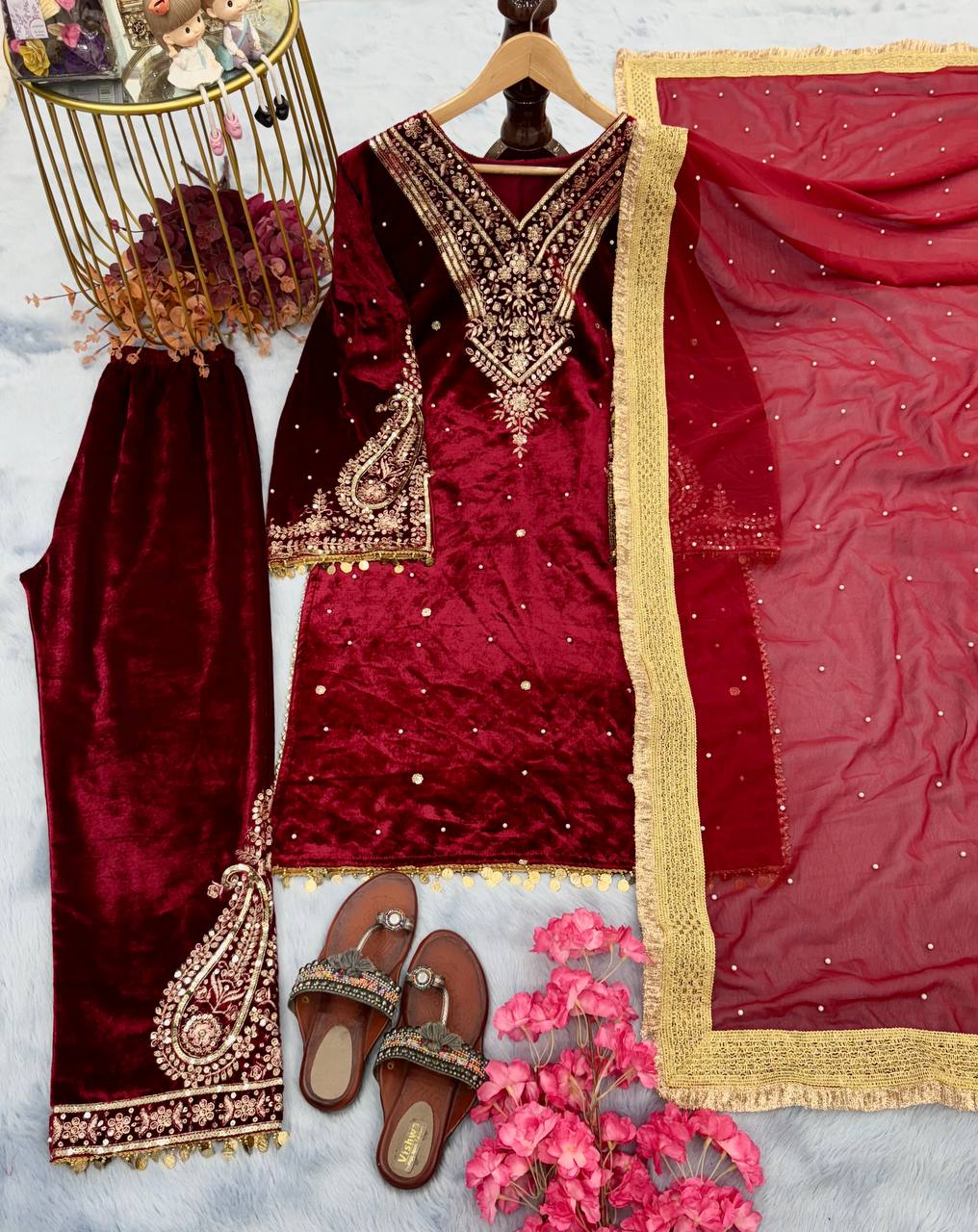 Red Heavy Pure Viscose Velvet Top with Plazzo & Dupatta Set - Embroidery, Sequence Work, and Rivet Moti Accents