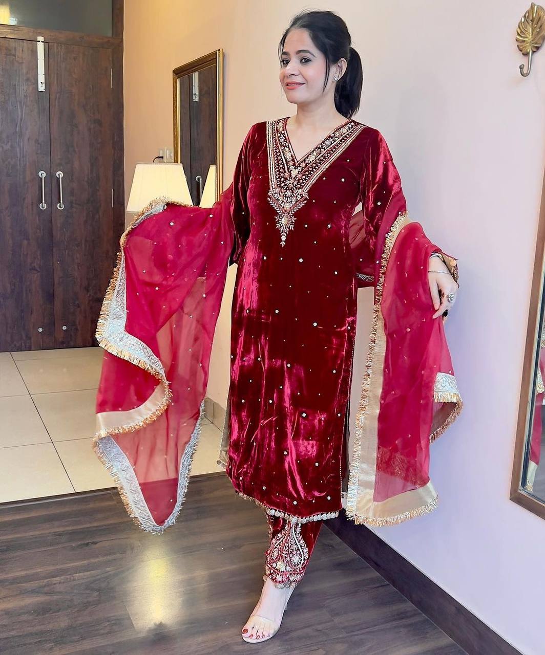 Red Heavy Pure Viscose Velvet Top with Plazzo & Dupatta Set - Embroidery, Sequence Work, and Rivet Moti Accents