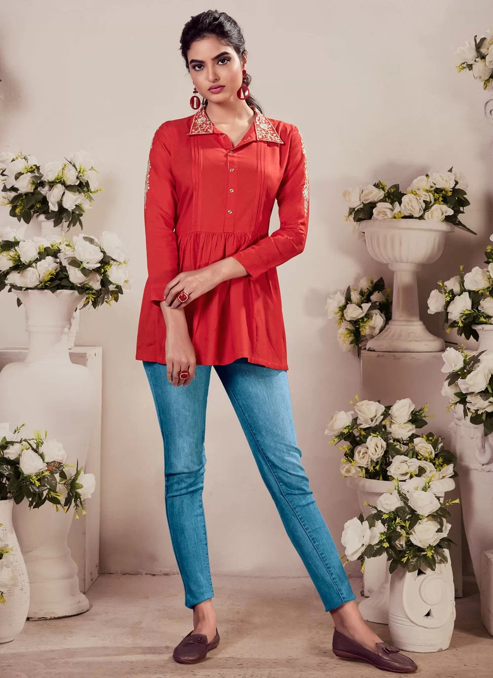 Red heavy reyon embroidered stylish short tunic tops