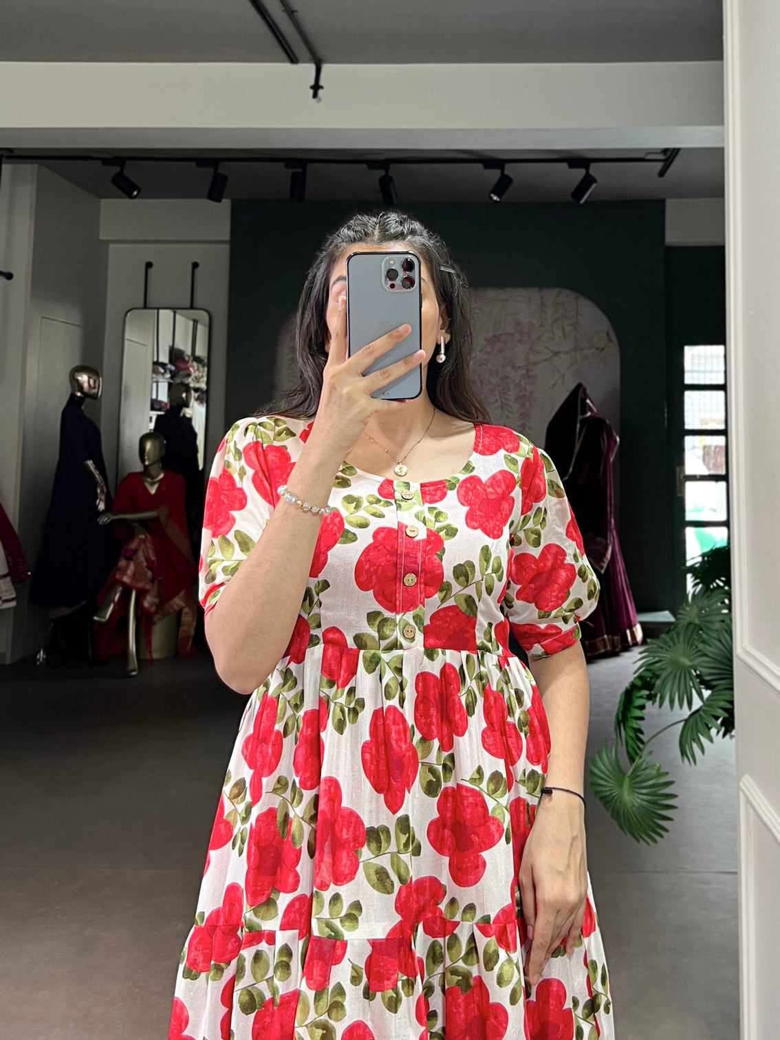 Red ichitra Silk Floral Print Frock with 5-Meter Flair