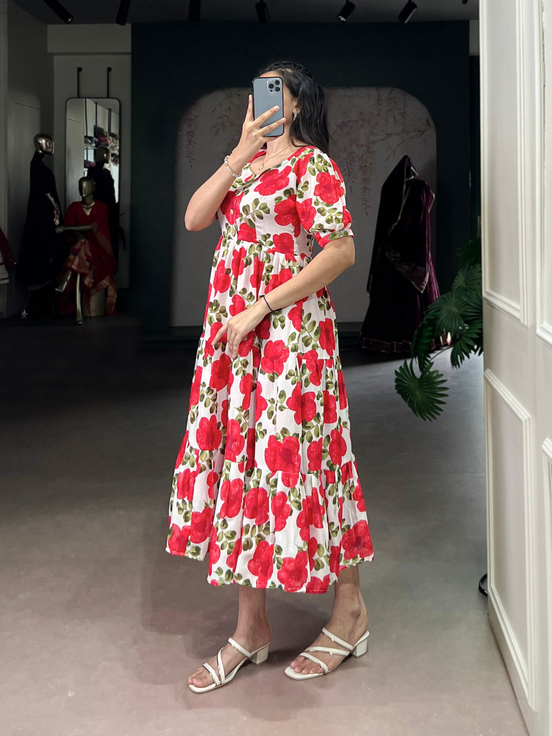 Red ichitra Silk Floral Print Frock with 5-Meter Flair