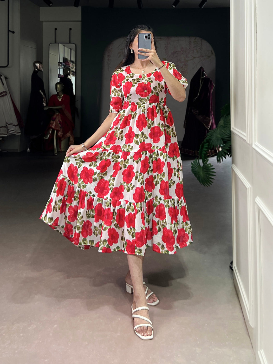 Red ichitra Silk Floral Print Frock with 5-Meter Flair
