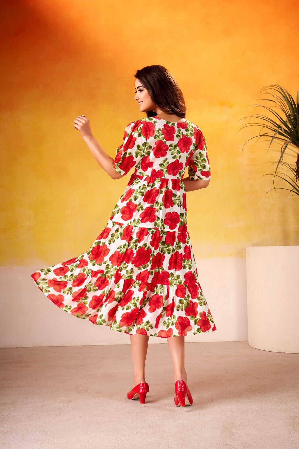 Red ichitra Silk Floral Print Frock with 5-Meter Flair