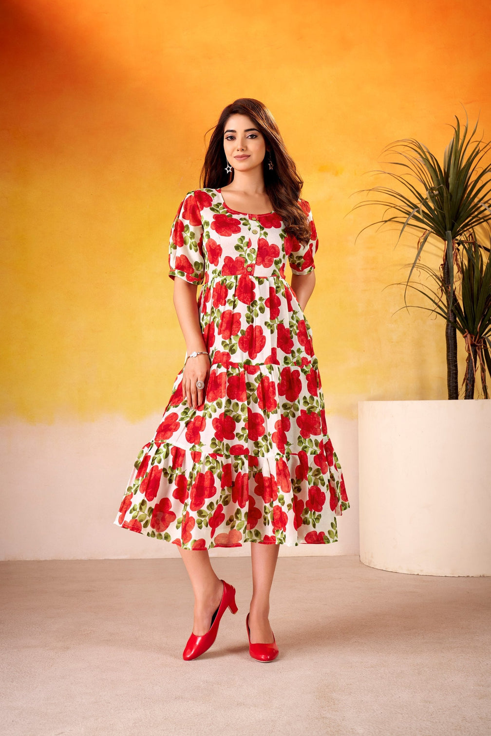Red ichitra Silk Floral Print Frock with 5-Meter Flair