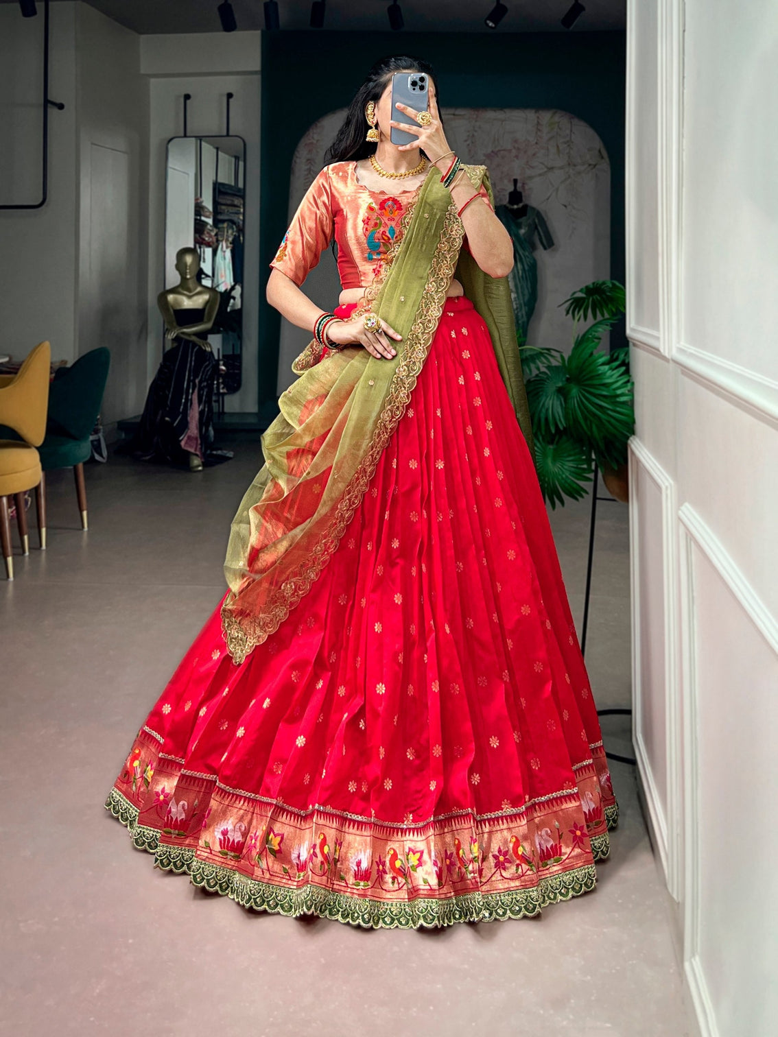 Red Jacquard Silk Paithani Lehenga