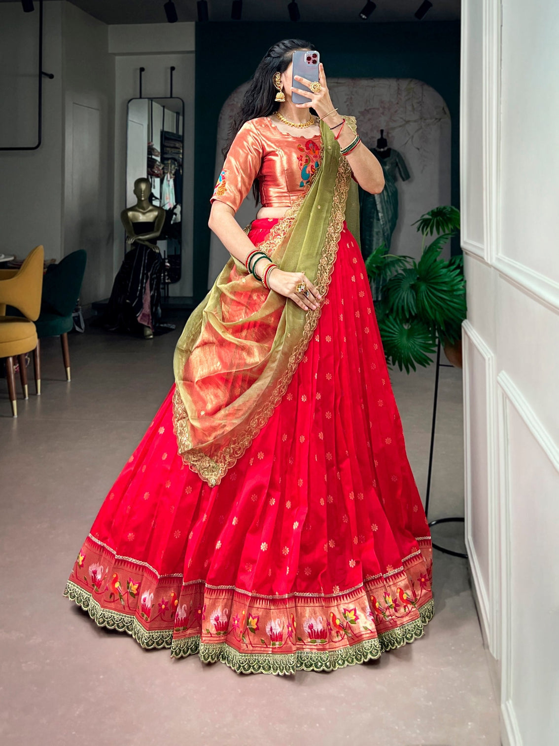 Red Jacquard Silk Paithani Lehenga