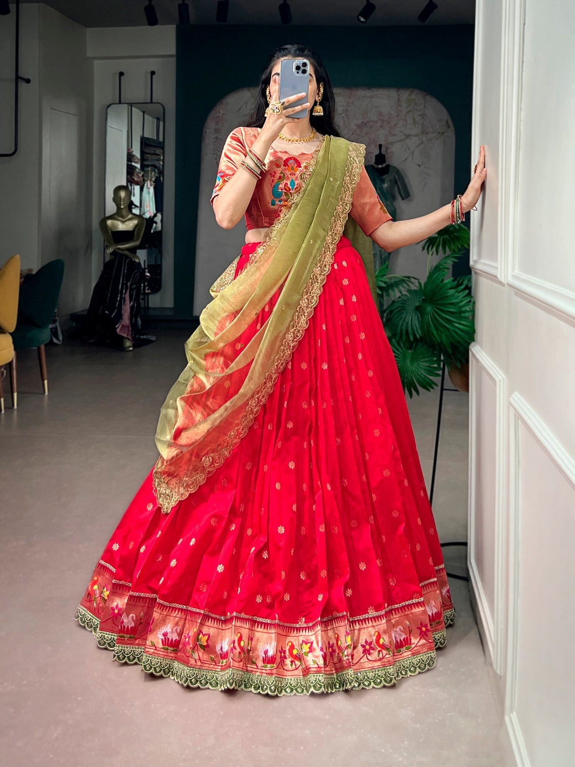 Red Jacquard Silk Paithani Lehenga