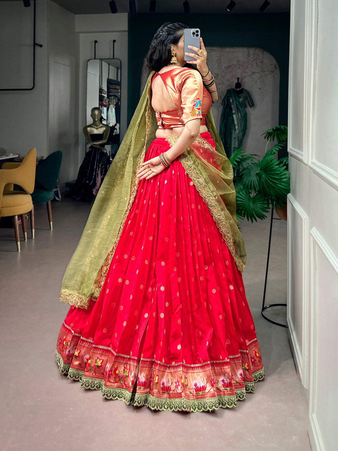 Red Jacquard Silk Paithani Lehenga
