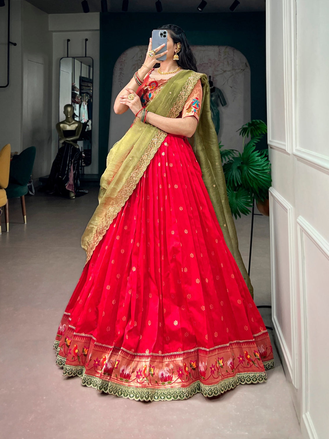Red Jacquard Silk Paithani Lehenga