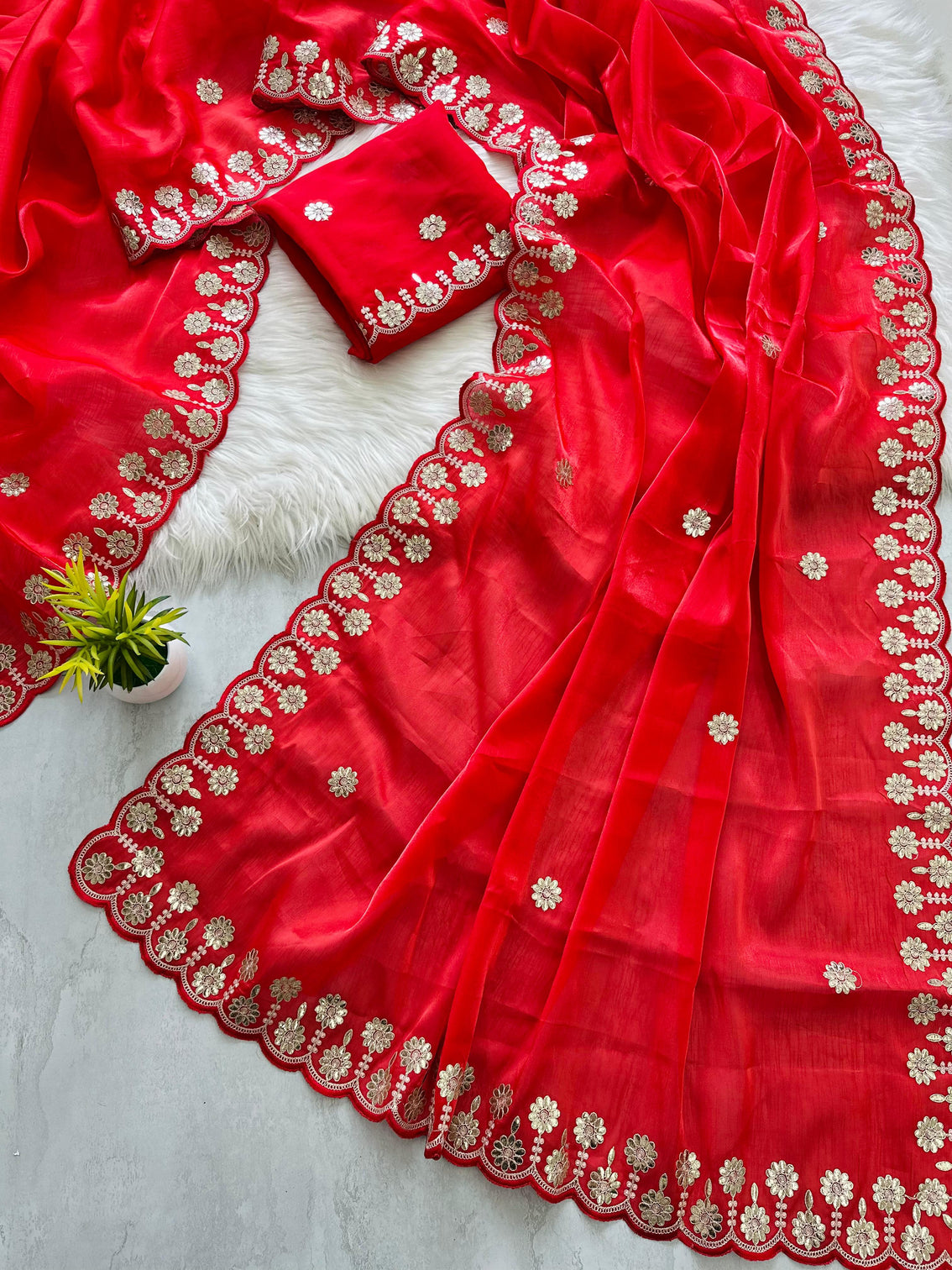 Red Saree with Beautiful Jaipuri Gota Work – Complete with Matching Running Blouse