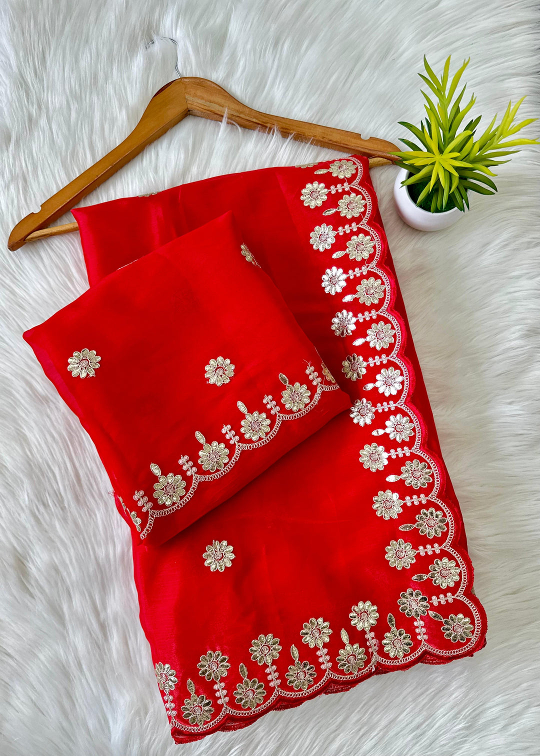 Red Saree with Beautiful Jaipuri Gota Work – Complete with Matching Running Blouse
